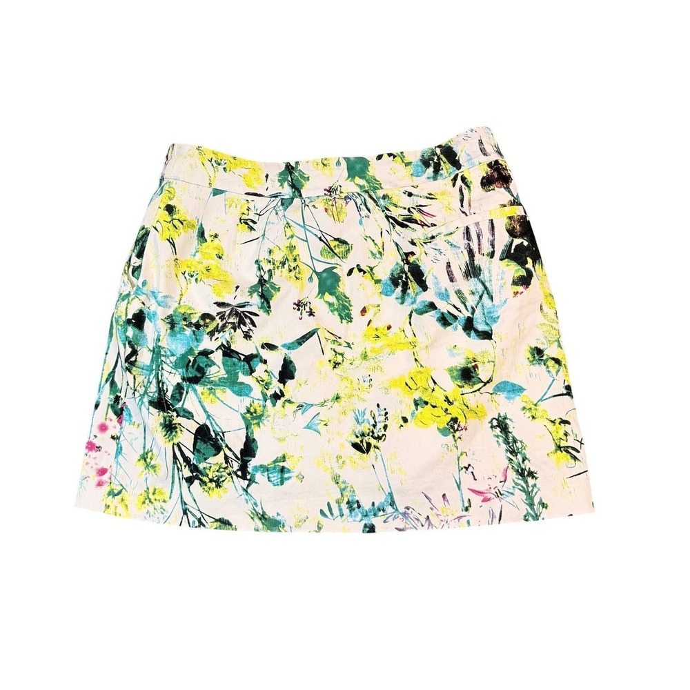 Krazy Larry Women Floral Skort Size 12 White Yellow Green Botanical Mini Skirt